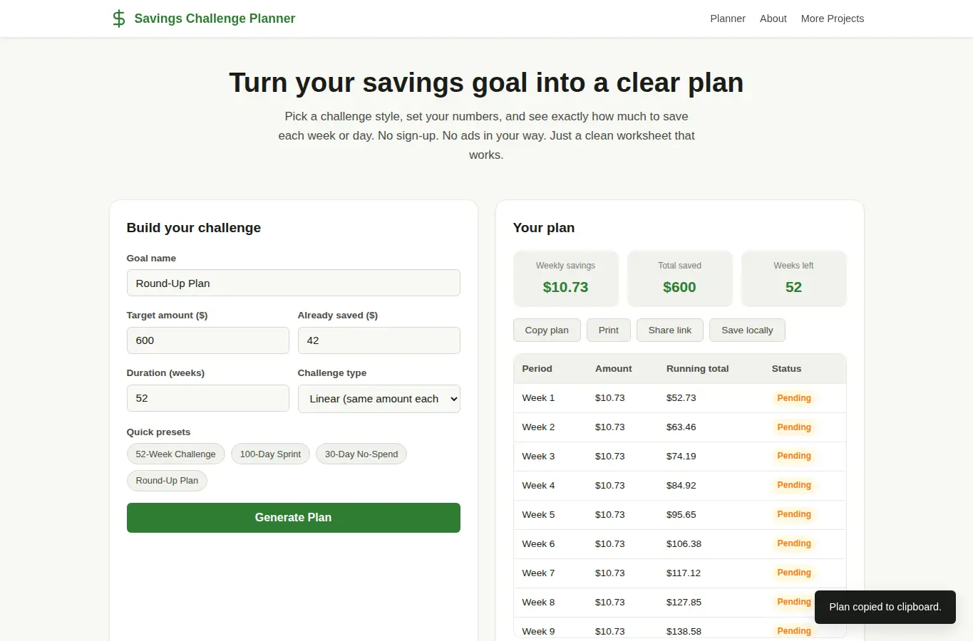 Screenshot of Savings Challenge Planner interface showing the project page in use